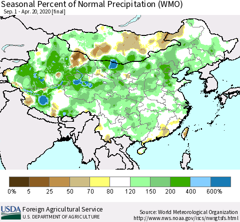 China and Taiwan Seasonal Percent of Normal Precipitation (WMO) Thematic Map For 9/1/2019 - 4/20/2020