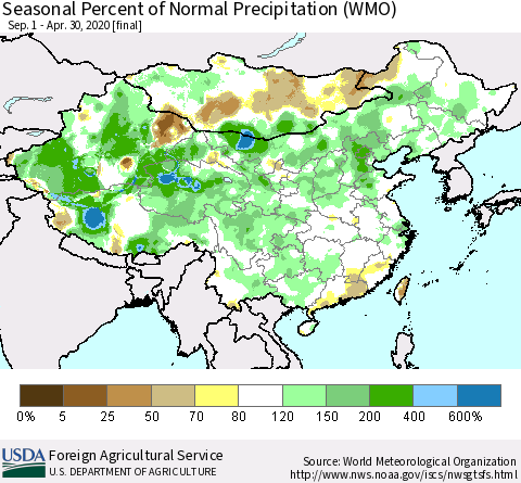 China, Mongolia and Taiwan Seasonal Percent of Normal Precipitation (WMO) Thematic Map For 9/1/2019 - 4/30/2020