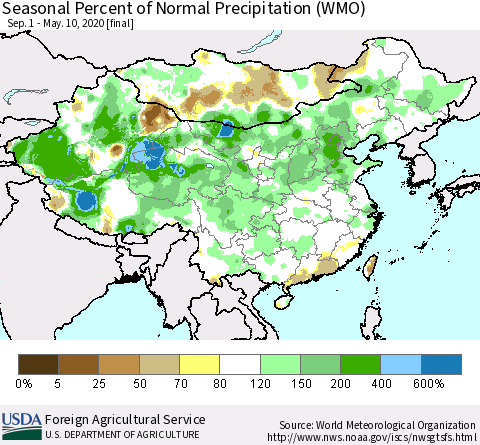China and Taiwan Seasonal Percent of Normal Precipitation (WMO) Thematic Map For 9/1/2019 - 5/10/2020