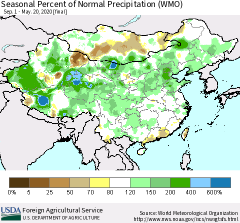 China, Mongolia and Taiwan Seasonal Percent of Normal Precipitation (WMO) Thematic Map For 9/1/2019 - 5/20/2020