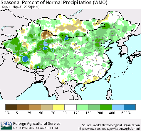 China and Taiwan Seasonal Percent of Normal Precipitation (WMO) Thematic Map For 9/1/2019 - 5/31/2020