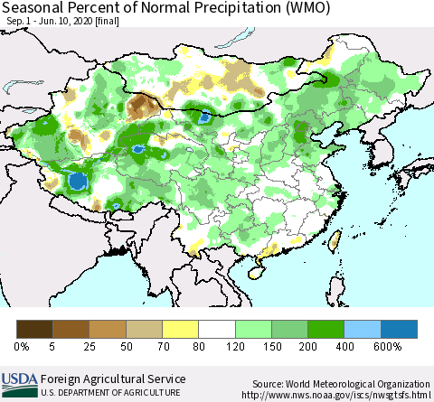 China, Mongolia and Taiwan Seasonal Percent of Normal Precipitation (WMO) Thematic Map For 9/1/2019 - 6/10/2020