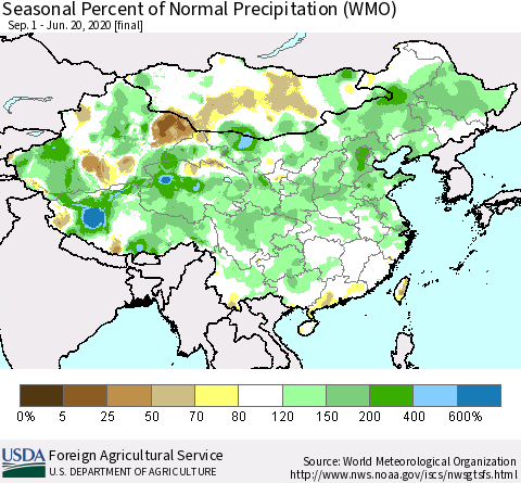 China and Taiwan Seasonal Percent of Normal Precipitation (WMO) Thematic Map For 9/1/2019 - 6/20/2020