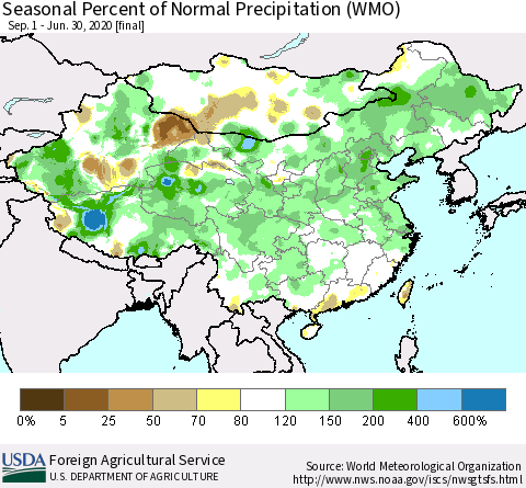 China and Taiwan Seasonal Percent of Normal Precipitation (WMO) Thematic Map For 9/1/2019 - 6/30/2020