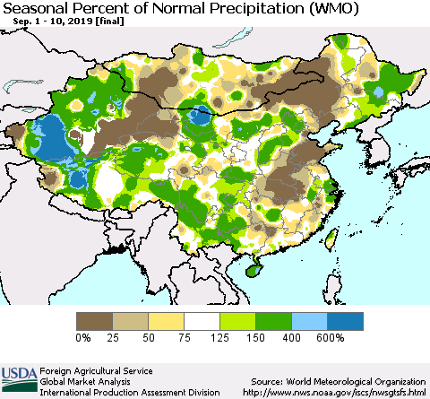 China, Mongolia and Taiwan Seasonal Percent of Normal Precipitation (WMO) Thematic Map For 9/1/2019 - 9/10/2019