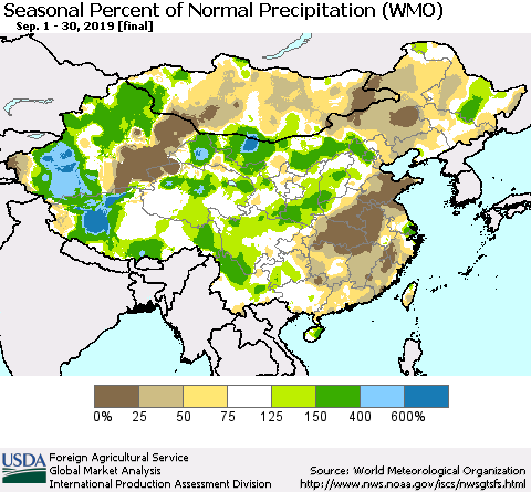 China and Taiwan Seasonal Percent of Normal Precipitation (WMO) Thematic Map For 9/1/2019 - 9/30/2019
