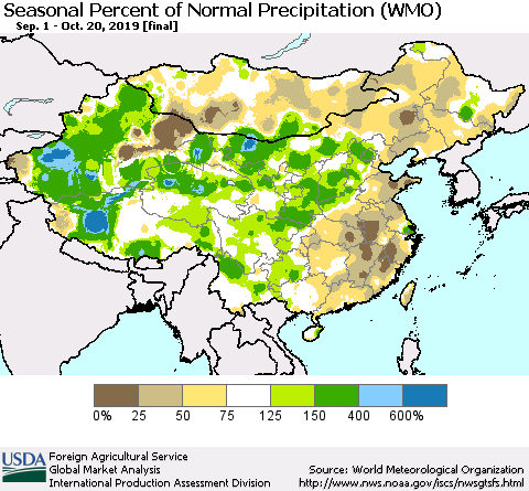 China and Taiwan Seasonal Percent of Normal Precipitation (WMO) Thematic Map For 9/1/2019 - 10/20/2019