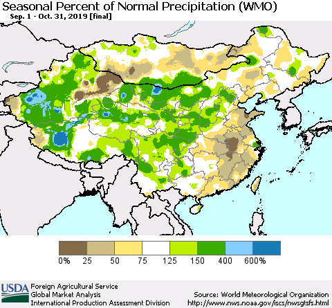 China and Taiwan Seasonal Percent of Normal Precipitation (WMO) Thematic Map For 9/1/2019 - 10/31/2019
