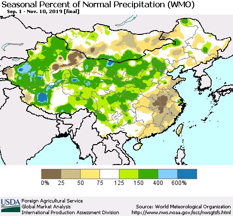 China, Mongolia and Taiwan Seasonal Percent of Normal Precipitation (WMO) Thematic Map For 9/1/2019 - 11/10/2019