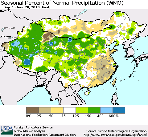 China and Taiwan Seasonal Percent of Normal Precipitation (WMO) Thematic Map For 9/1/2019 - 11/20/2019