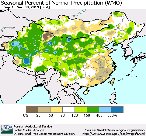 China and Taiwan Seasonal Percent of Normal Precipitation (WMO) Thematic Map For 9/1/2019 - 11/30/2019