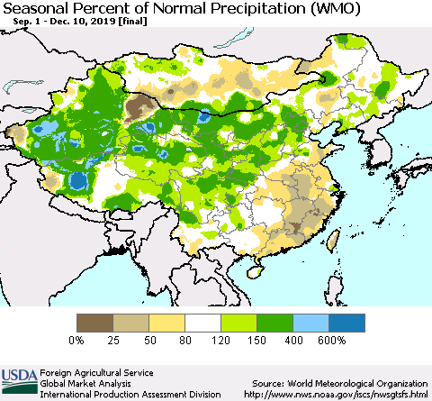 China, Mongolia and Taiwan Seasonal Percent of Normal Precipitation (WMO) Thematic Map For 9/1/2019 - 12/10/2019