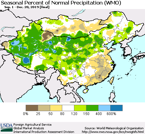 China, Mongolia and Taiwan Seasonal Percent of Normal Precipitation (WMO) Thematic Map For 9/1/2019 - 12/20/2019