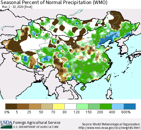 China, Mongolia and Taiwan Seasonal Percent of Normal Precipitation (WMO) Thematic Map For 3/1/2020 - 3/10/2020