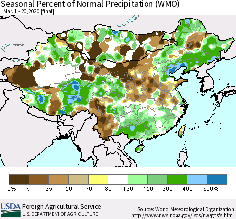 China, Mongolia and Taiwan Seasonal Percent of Normal Precipitation (WMO) Thematic Map For 3/1/2020 - 3/20/2020
