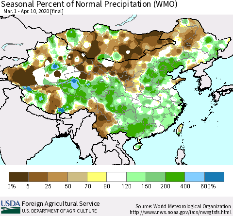 China, Mongolia and Taiwan Seasonal Percent of Normal Precipitation (WMO) Thematic Map For 3/1/2020 - 4/10/2020