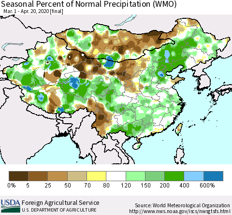 China, Mongolia and Taiwan Seasonal Percent of Normal Precipitation (WMO) Thematic Map For 3/1/2020 - 4/20/2020