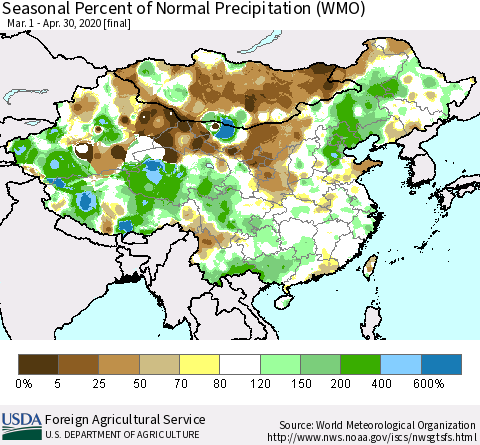 China, Mongolia and Taiwan Seasonal Percent of Normal Precipitation (WMO) Thematic Map For 3/1/2020 - 4/30/2020