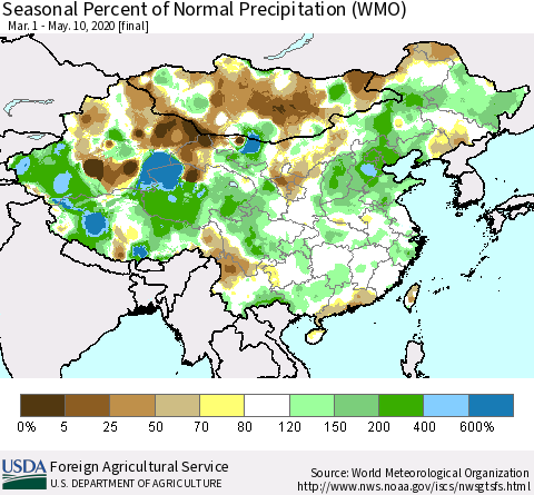 China, Mongolia and Taiwan Seasonal Percent of Normal Precipitation (WMO) Thematic Map For 3/1/2020 - 5/10/2020
