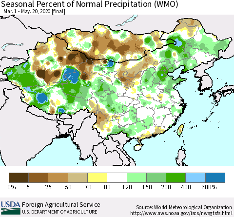 China, Mongolia and Taiwan Seasonal Percent of Normal Precipitation (WMO) Thematic Map For 3/1/2020 - 5/20/2020