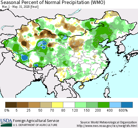 China, Mongolia and Taiwan Seasonal Percent of Normal Precipitation (WMO) Thematic Map For 3/1/2020 - 5/31/2020