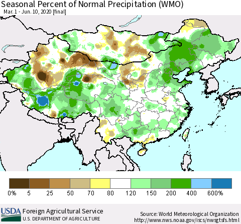 China, Mongolia and Taiwan Seasonal Percent of Normal Precipitation (WMO) Thematic Map For 3/1/2020 - 6/10/2020