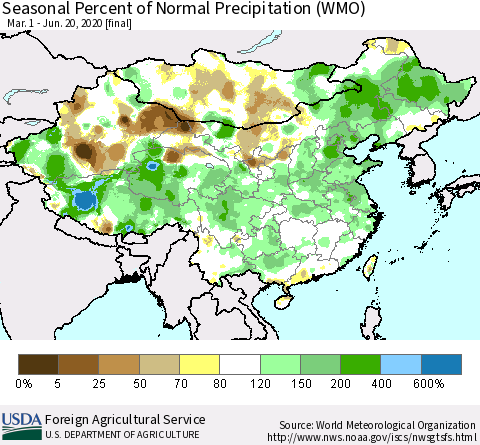 China, Mongolia and Taiwan Seasonal Percent of Normal Precipitation (WMO) Thematic Map For 3/1/2020 - 6/20/2020