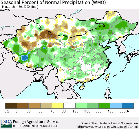 China, Mongolia and Taiwan Seasonal Percent of Normal Precipitation (WMO) Thematic Map For 3/1/2020 - 6/30/2020
