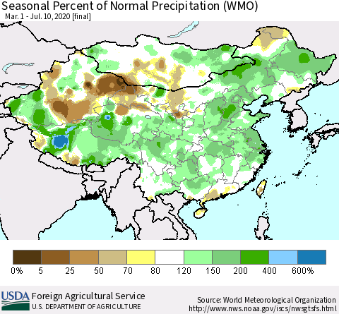 China, Mongolia and Taiwan Seasonal Percent of Normal Precipitation (WMO) Thematic Map For 3/1/2020 - 7/10/2020