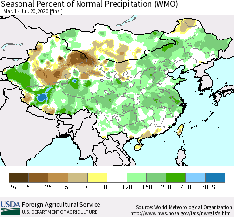 China, Mongolia and Taiwan Seasonal Percent of Normal Precipitation (WMO) Thematic Map For 3/1/2020 - 7/20/2020
