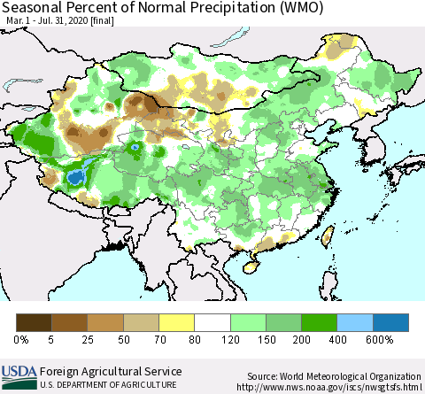 China, Mongolia and Taiwan Seasonal Percent of Normal Precipitation (WMO) Thematic Map For 3/1/2020 - 7/31/2020