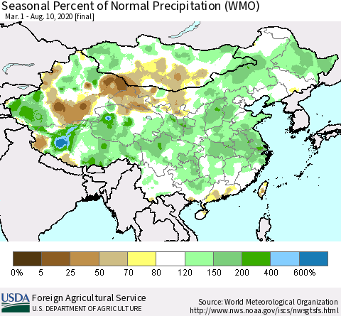 China, Mongolia and Taiwan Seasonal Percent of Normal Precipitation (WMO) Thematic Map For 3/1/2020 - 8/10/2020