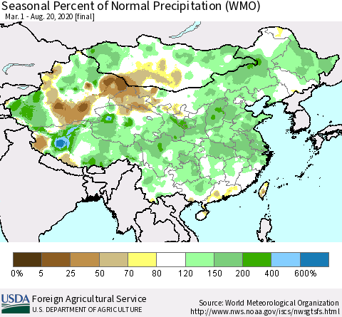 China, Mongolia and Taiwan Seasonal Percent of Normal Precipitation (WMO) Thematic Map For 3/1/2020 - 8/20/2020