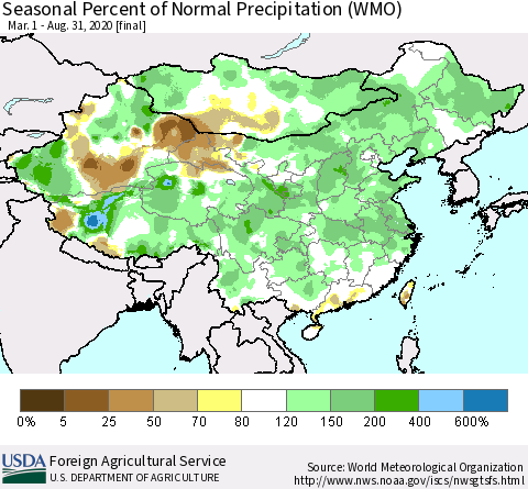 China, Mongolia and Taiwan Seasonal Percent of Normal Precipitation (WMO) Thematic Map For 3/1/2020 - 8/31/2020