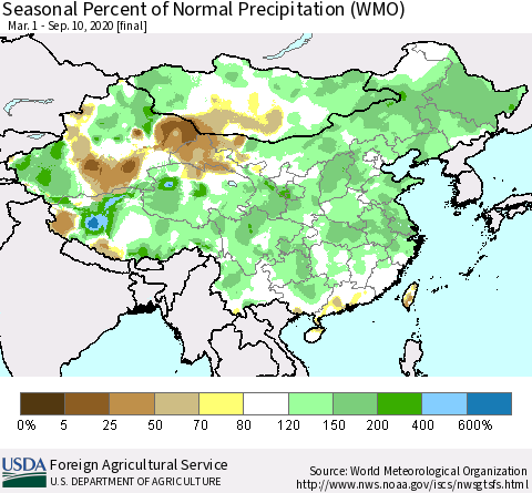 China, Mongolia and Taiwan Seasonal Percent of Normal Precipitation (WMO) Thematic Map For 3/1/2020 - 9/10/2020