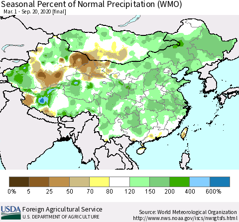 China, Mongolia and Taiwan Seasonal Percent of Normal Precipitation (WMO) Thematic Map For 3/1/2020 - 9/20/2020