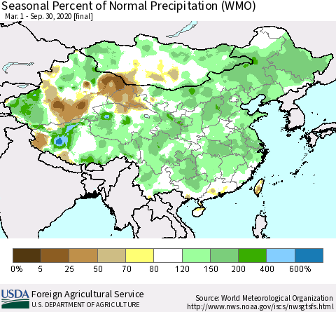 China, Mongolia and Taiwan Seasonal Percent of Normal Precipitation (WMO) Thematic Map For 3/1/2020 - 9/30/2020