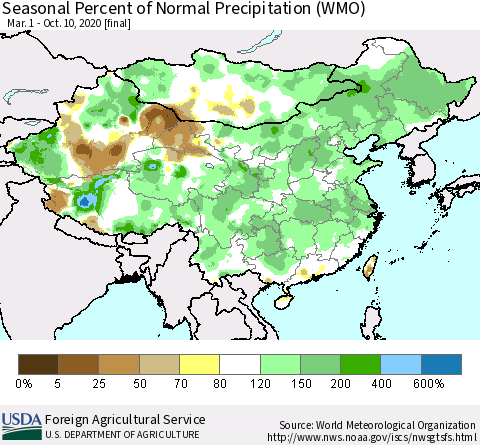 China, Mongolia and Taiwan Seasonal Percent of Normal Precipitation (WMO) Thematic Map For 3/1/2020 - 10/10/2020