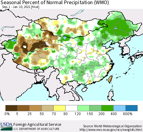 China, Mongolia and Taiwan Seasonal Percent of Normal Precipitation (WMO) Thematic Map For 9/1/2020 - 1/10/2021