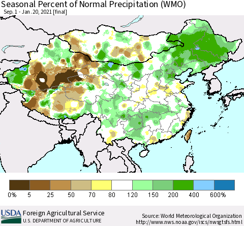 China, Mongolia and Taiwan Seasonal Percent of Normal Precipitation (WMO) Thematic Map For 9/1/2020 - 1/20/2021