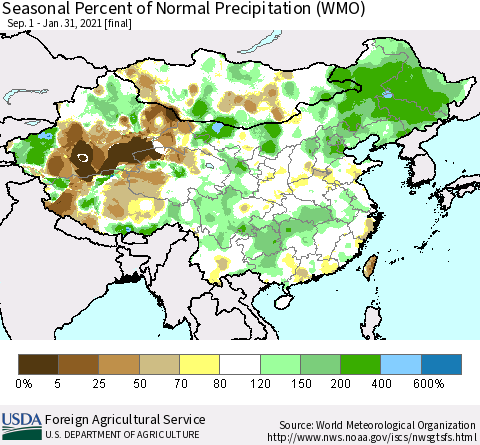 China, Mongolia and Taiwan Seasonal Percent of Normal Precipitation (WMO) Thematic Map For 9/1/2020 - 1/31/2021