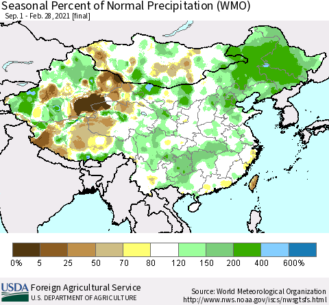 China, Mongolia and Taiwan Seasonal Percent of Normal Precipitation (WMO) Thematic Map For 9/1/2020 - 2/28/2021