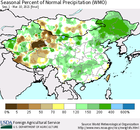 China, Mongolia and Taiwan Seasonal Percent of Normal Precipitation (WMO) Thematic Map For 9/1/2020 - 3/10/2021