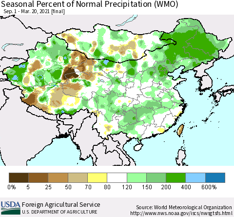 China, Mongolia and Taiwan Seasonal Percent of Normal Precipitation (WMO) Thematic Map For 9/1/2020 - 3/20/2021