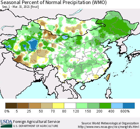 China, Mongolia and Taiwan Seasonal Percent of Normal Precipitation (WMO) Thematic Map For 9/1/2020 - 3/31/2021