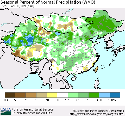 China, Mongolia and Taiwan Seasonal Percent of Normal Precipitation (WMO) Thematic Map For 9/1/2020 - 4/10/2021