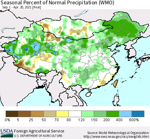 China, Mongolia and Taiwan Seasonal Percent of Normal Precipitation (WMO) Thematic Map For 9/1/2020 - 4/20/2021