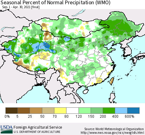 China, Mongolia and Taiwan Seasonal Percent of Normal Precipitation (WMO) Thematic Map For 9/1/2020 - 4/30/2021
