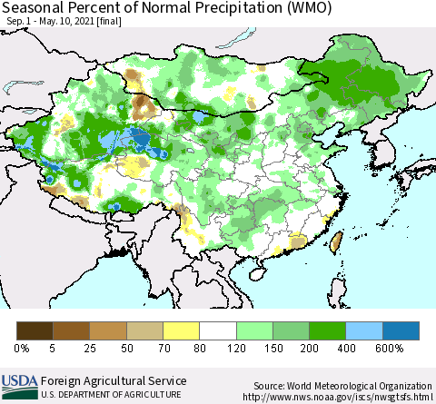 China, Mongolia and Taiwan Seasonal Percent of Normal Precipitation (WMO) Thematic Map For 9/1/2020 - 5/10/2021