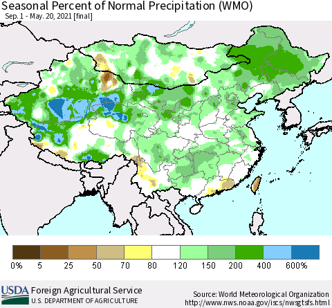 China, Mongolia and Taiwan Seasonal Percent of Normal Precipitation (WMO) Thematic Map For 9/1/2020 - 5/20/2021